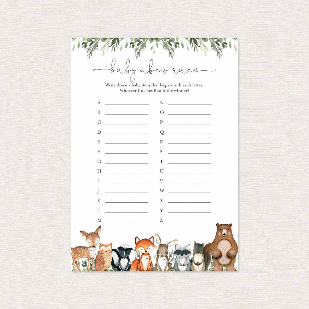Woodland Animals Baby Shower ABC's Race Game Printable