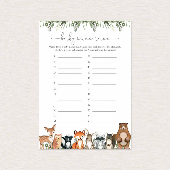 Woodland Animals Baby Shower Name Race Game Printable