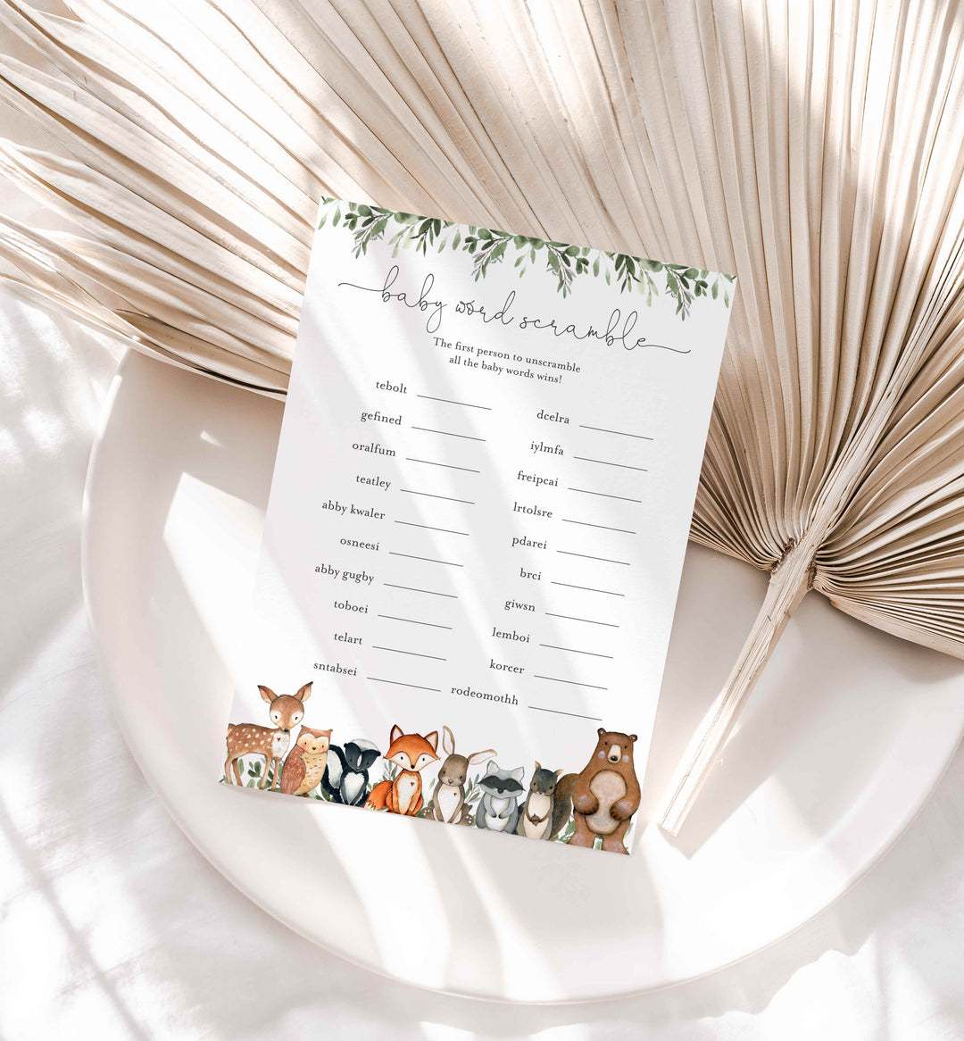 Woodland Animals Baby Shower Word Scramble Game Printable