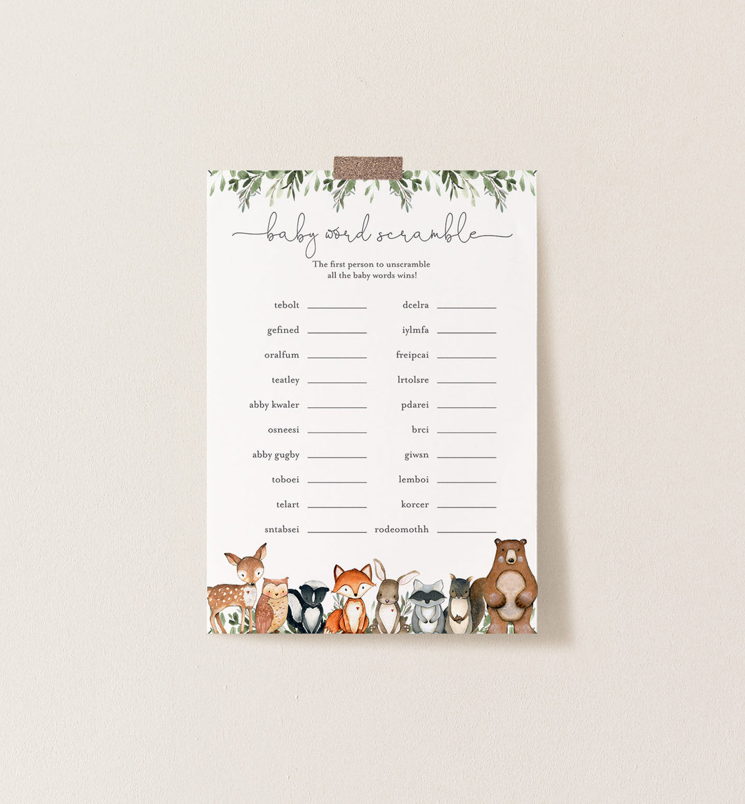 Woodland Animals Baby Shower Word Scramble Game Printable