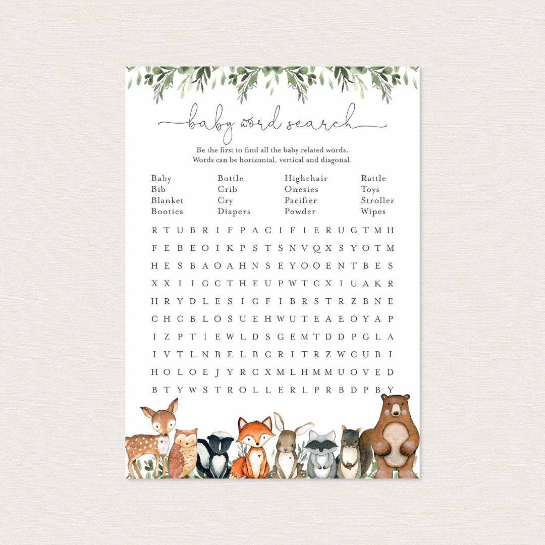 Woodland Animals Baby Shower Word Search Game Printable