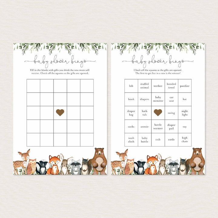 Woodland Animals Baby Shower Bingo Game Printable