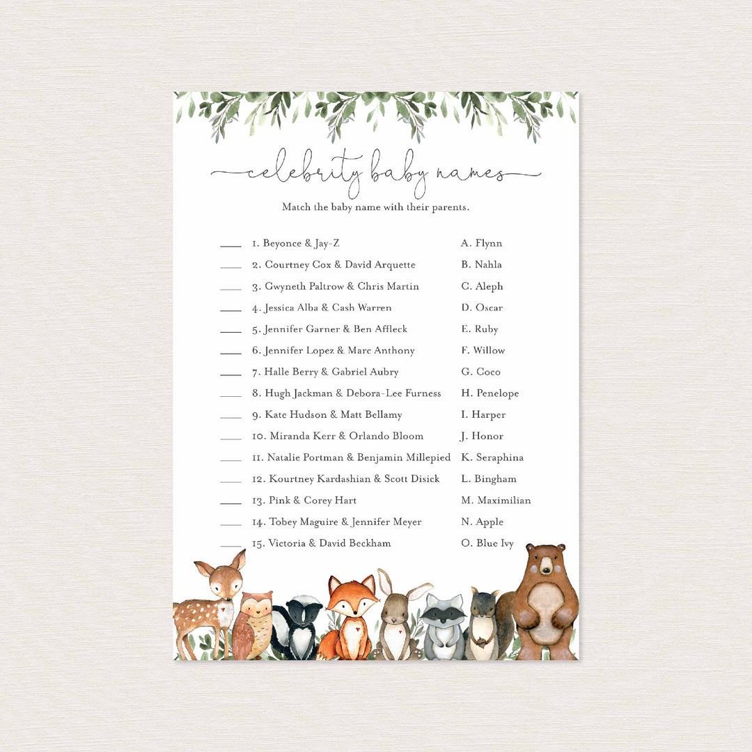 Woodland Animals Baby Shower Celebrity Baby Names Game Printable
