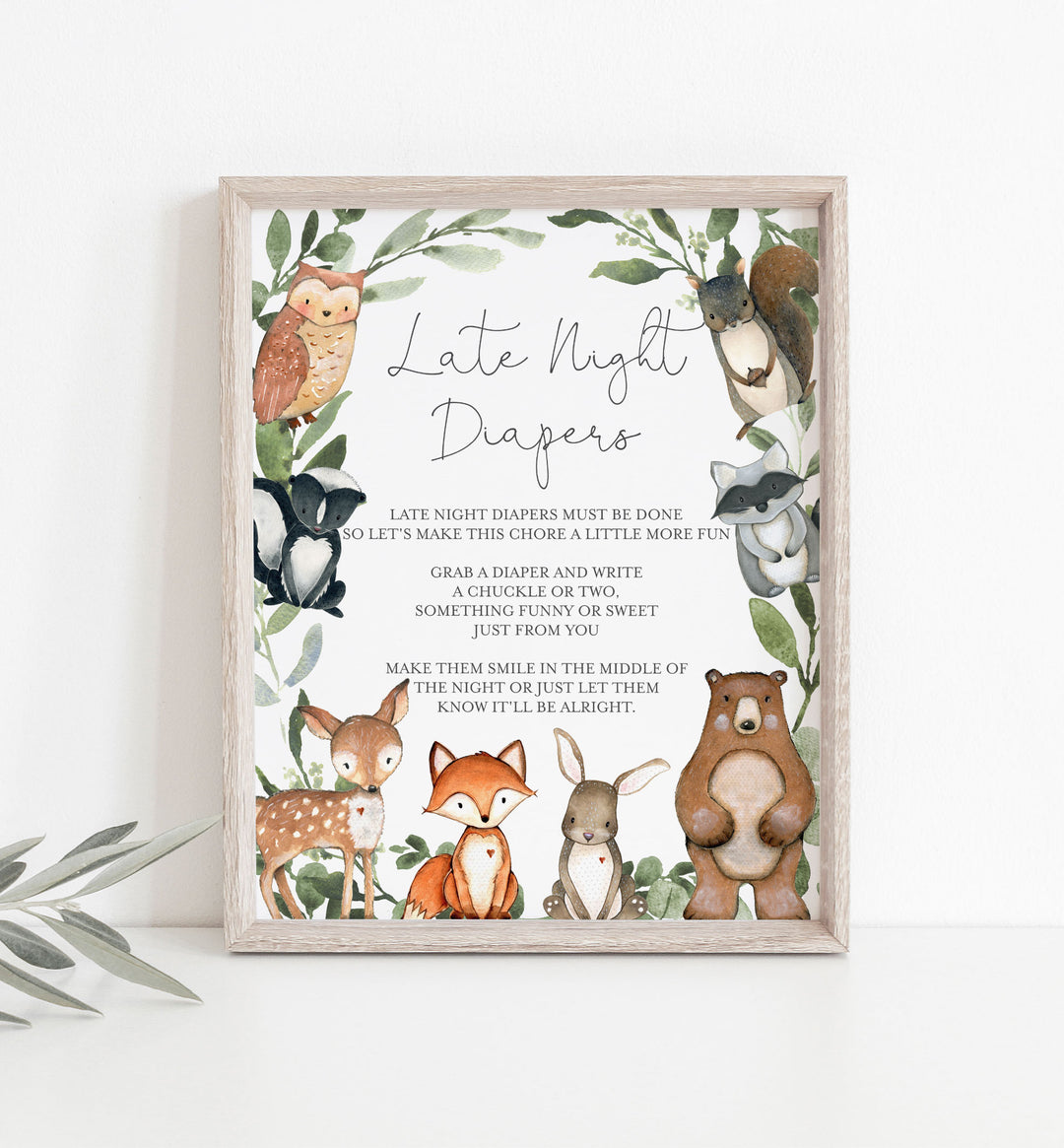 Woodland Animals Baby Shower Diaper Thoughts or Late Night Diapers Printable