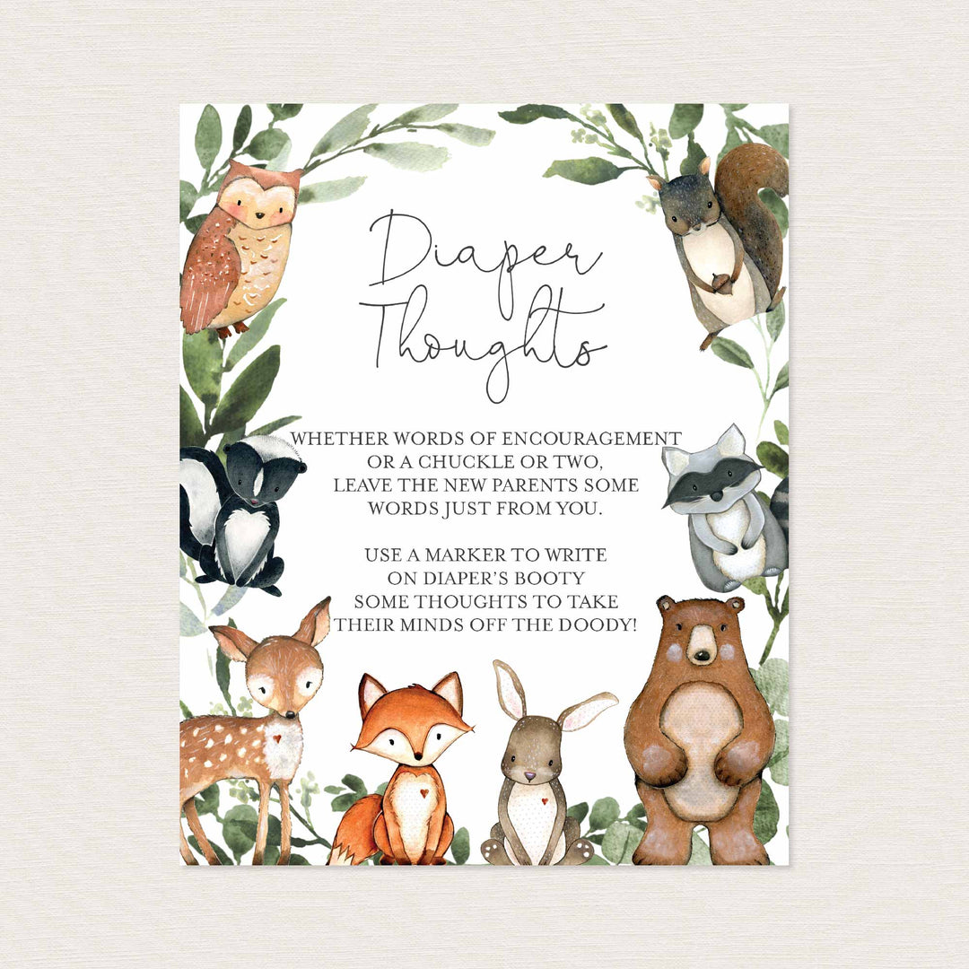 Woodland Animals Baby Shower Diaper Thoughts or Late Night Diapers Printable