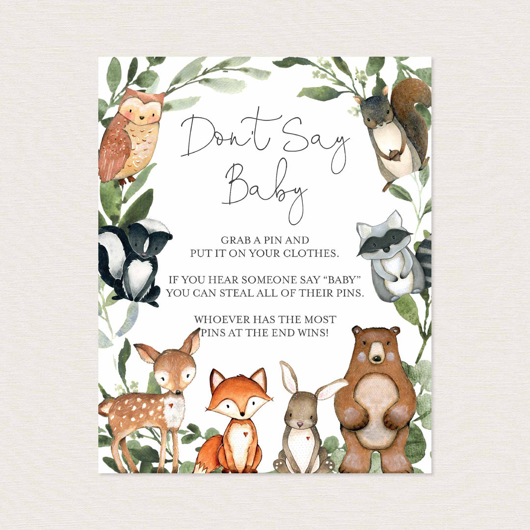 Woodland Animals Baby Shower Don't Say Baby Game Printable