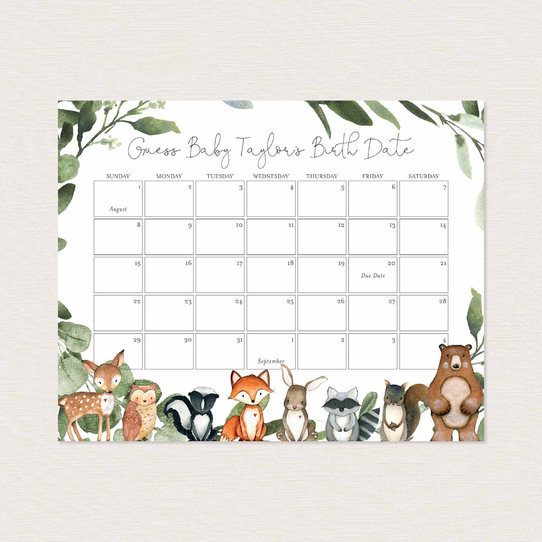 Woodland Animals Baby Shower Due Date Calendar Printable
