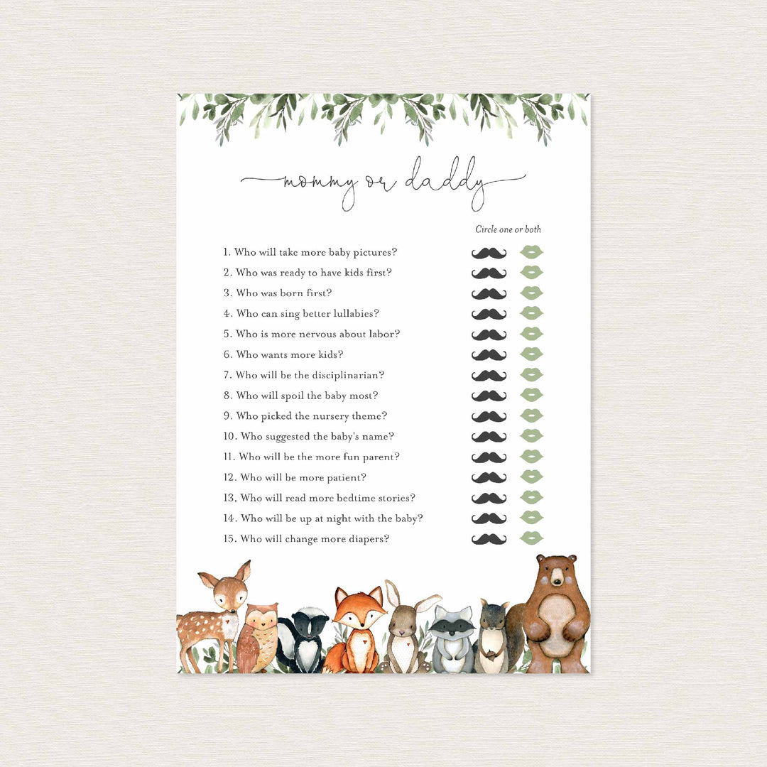 Woodland Animals Baby Shower Mummy or Daddy Game Printable