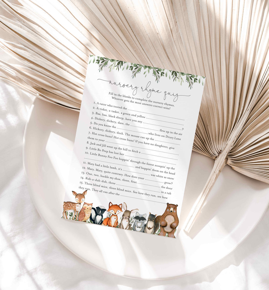 Woodland Animals Baby Shower Nursery Rhyme Quiz Game Printable