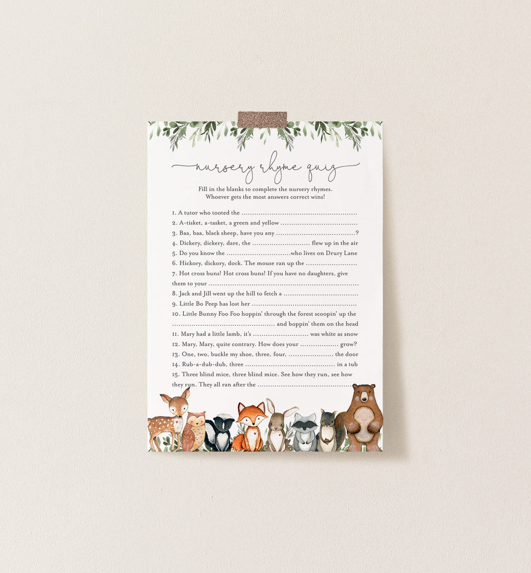 Woodland Animals Baby Shower Nursery Rhyme Quiz Game Printable