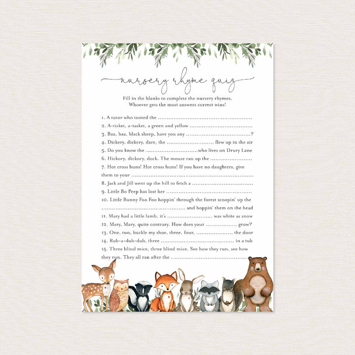 Woodland Animals Baby Shower Nursery Rhyme Quiz Game Printable