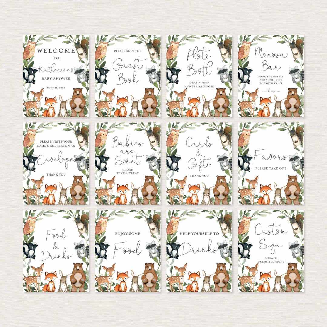 Woodland Animals Baby Shower Table Signs Bundle Printable