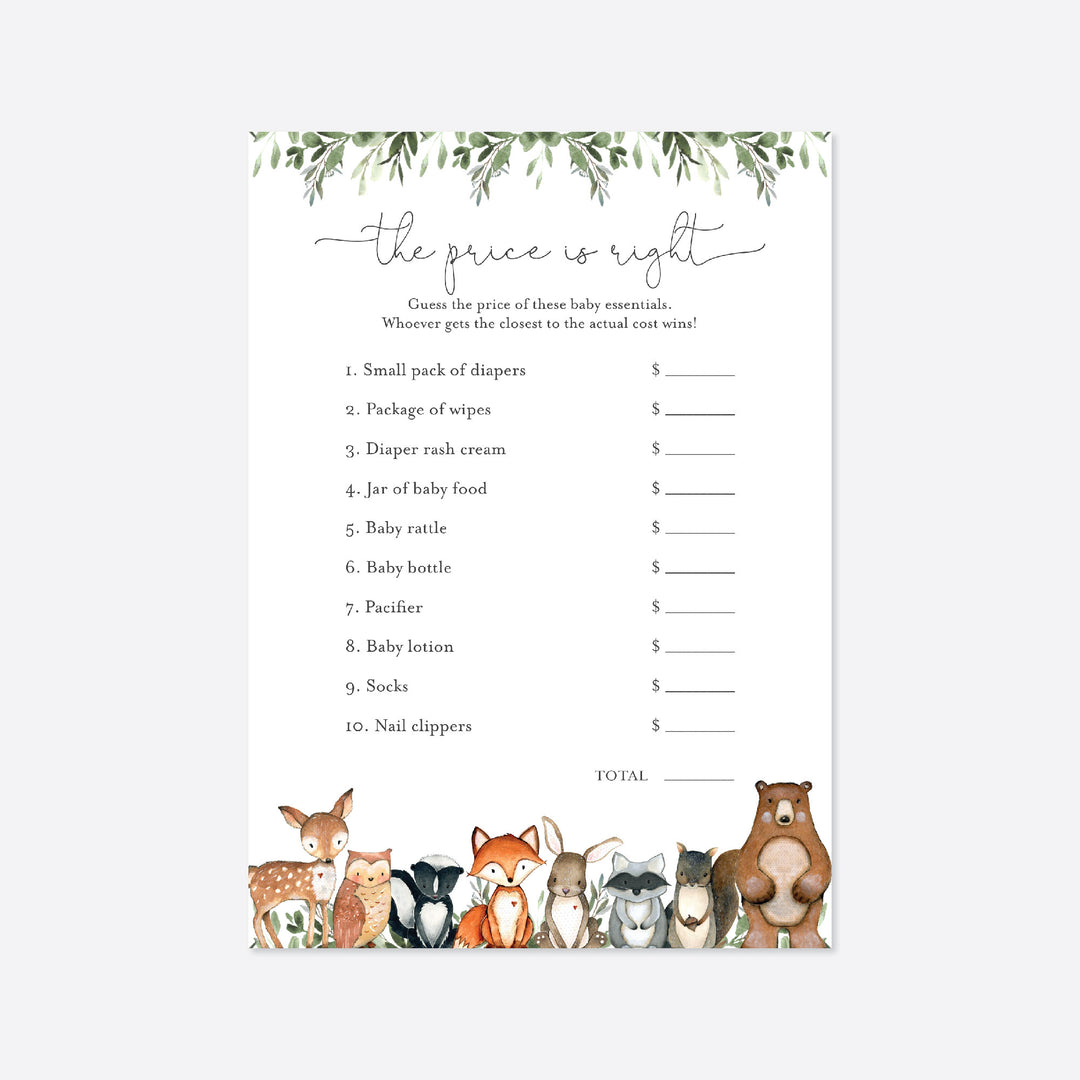 Woodland Animals Baby Shower The Price Is Right Game Printable