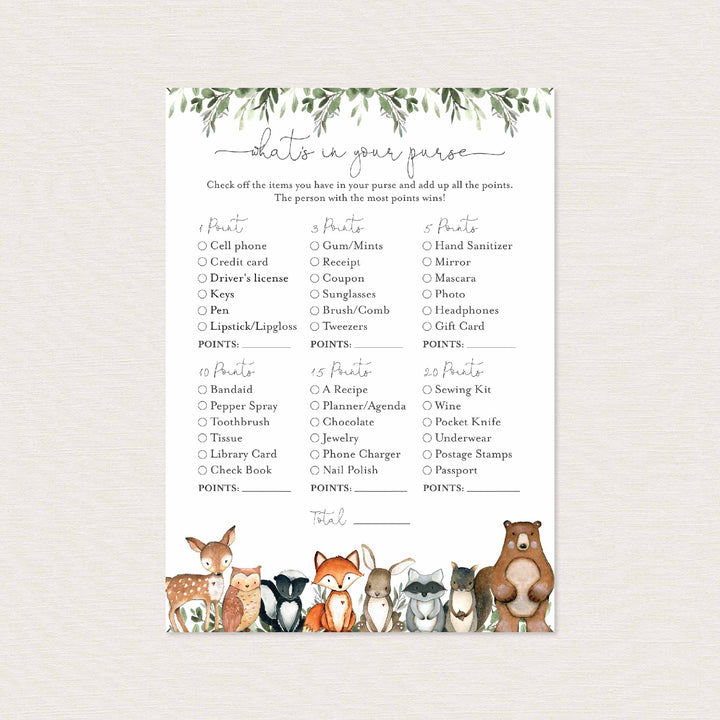 Woodland Animals Baby Shower What's In Your Purse Game Printable