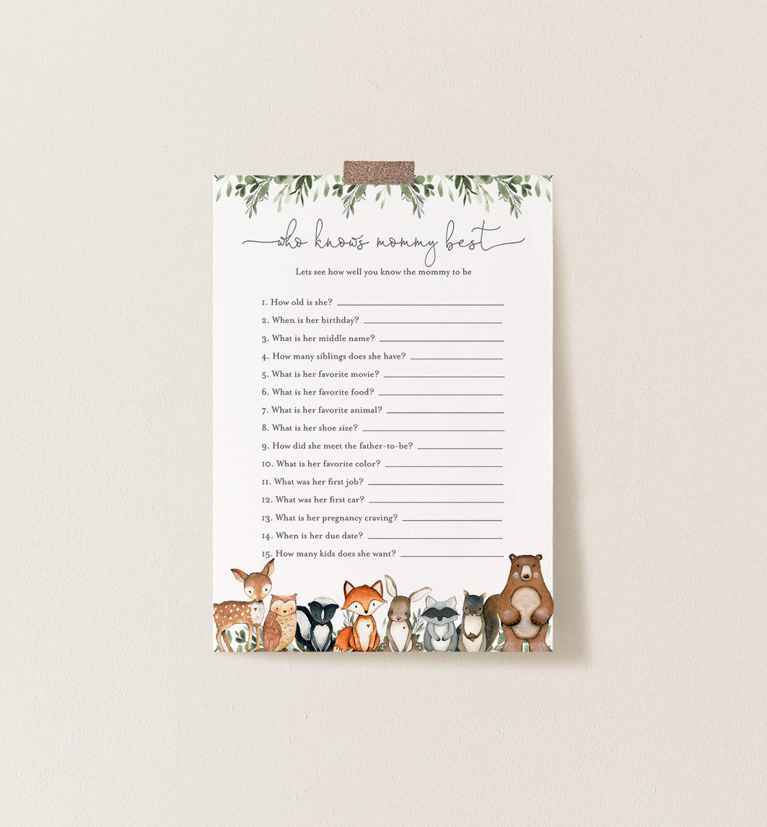 Woodland Animals Baby Shower Who Knows Mummy Best Game Printable