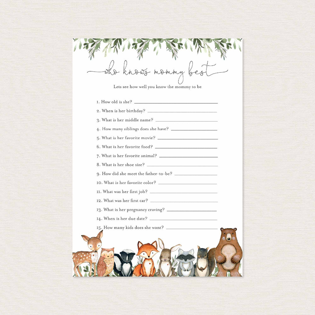 Woodland Animals Baby Shower Who Knows Mummy Best Game Printable