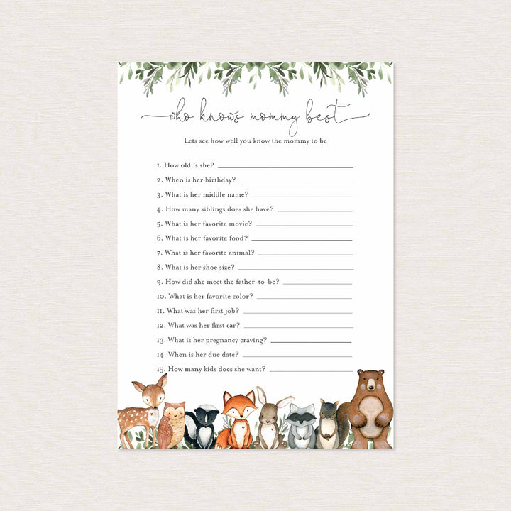 Woodland Animals Baby Shower Who Knows Mummy Best Game Printable