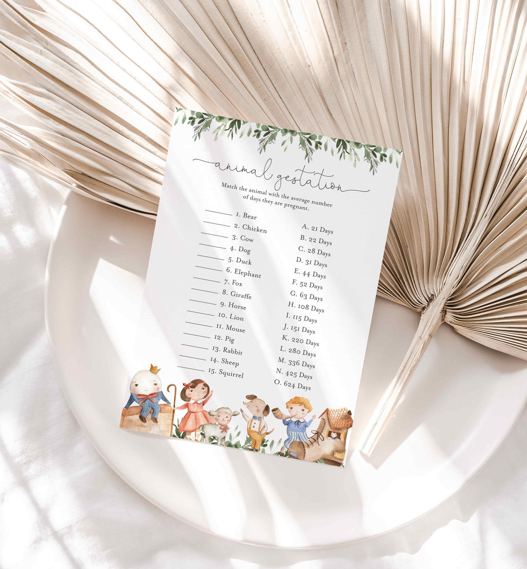 Nursery Rhymes Baby Shower Animal Gestation Game Printable