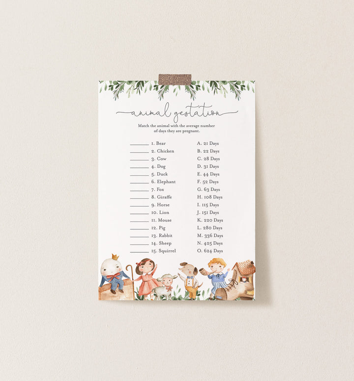 Nursery Rhymes Baby Shower Animal Gestation Game Printable