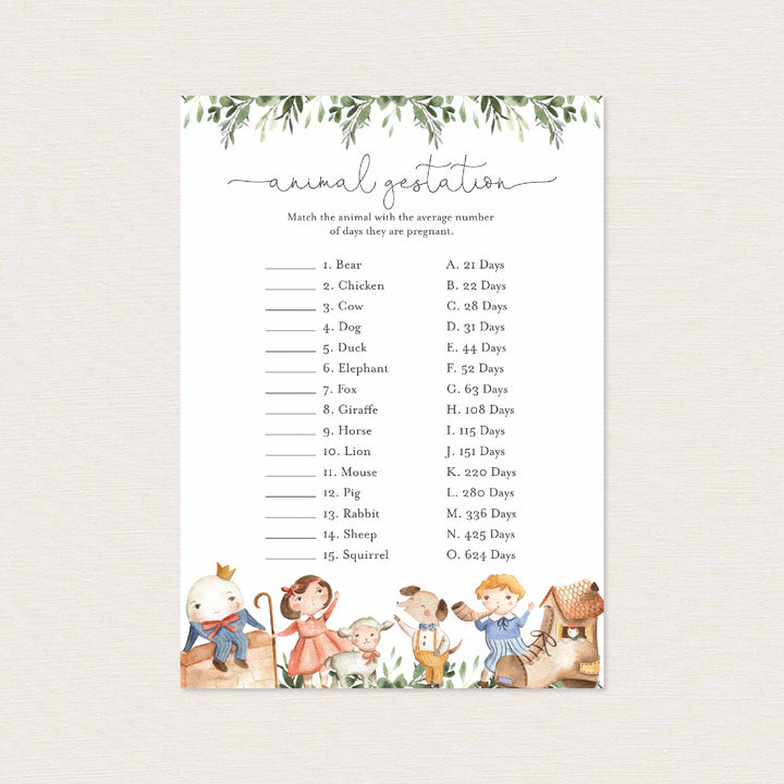 Nursery Rhymes Baby Shower Animal Gestation Game Printable