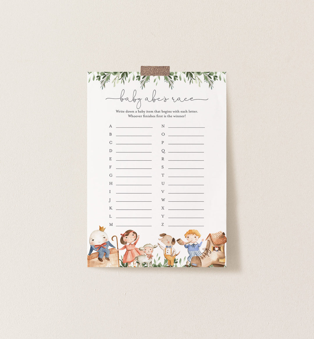 Nursery Rhymes Baby Shower ABC's Race Game Printable