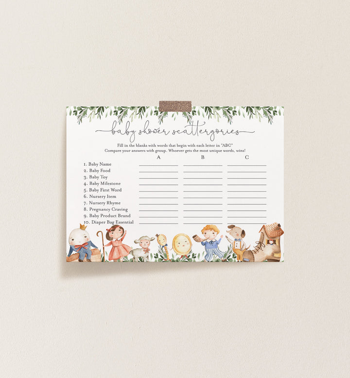 Nursery Rhymes Baby Shower Scattergories Game Printable