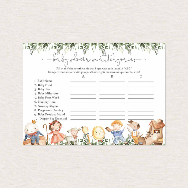 Nursery Rhymes Baby Shower Scattergories Game Printable