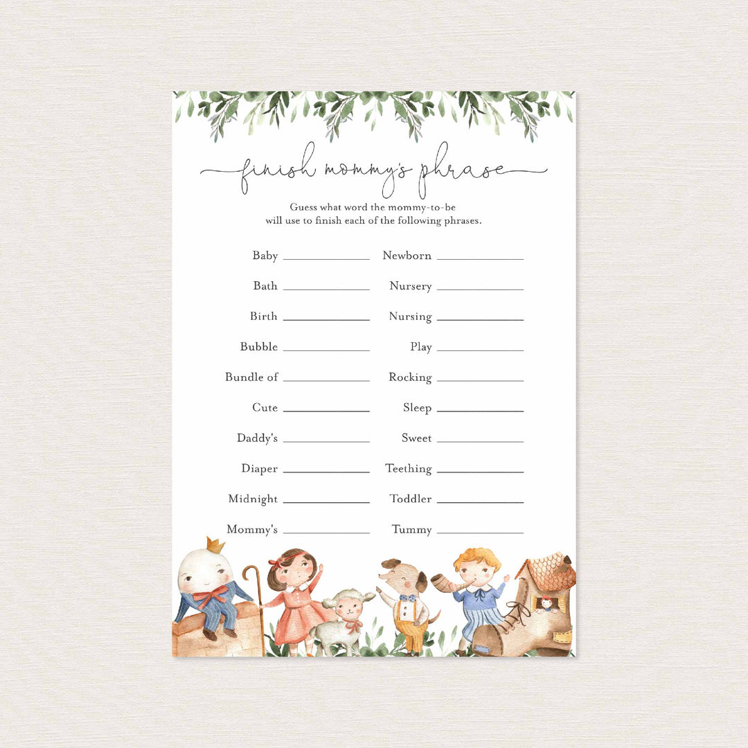 Nursery Rhymes Baby Shower Finish Mommy's Phrase Game Printable