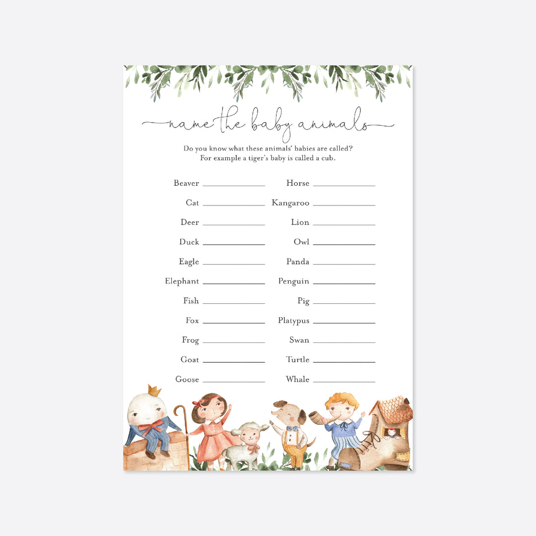 Nursery Rhymes Baby Shower Name The Baby Animals Game Printable