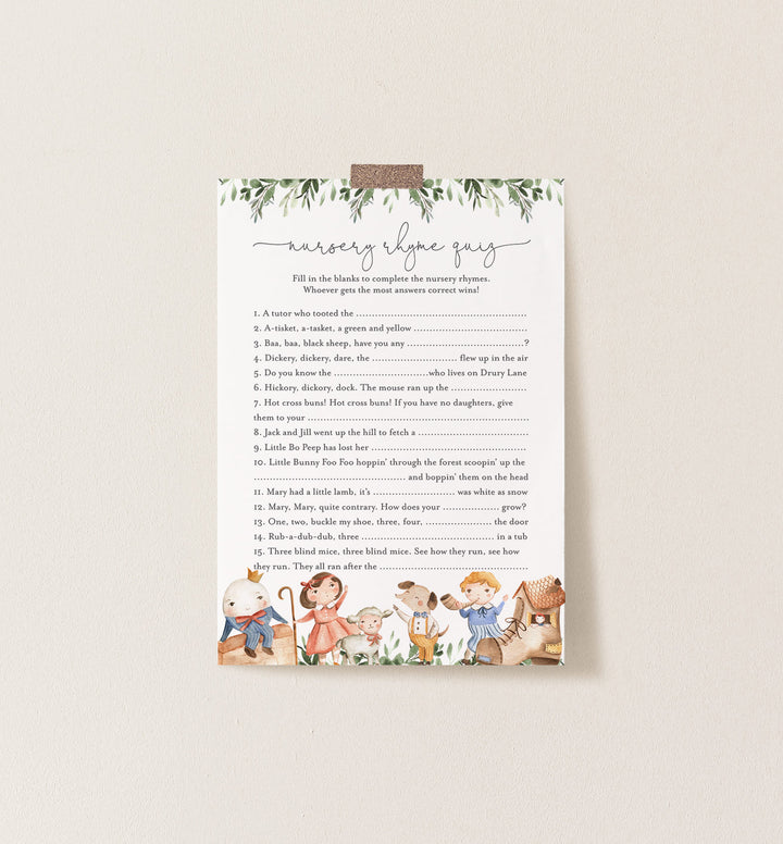 Nursery Rhymes Baby Shower Nursery Rhyme Quiz Game Printable