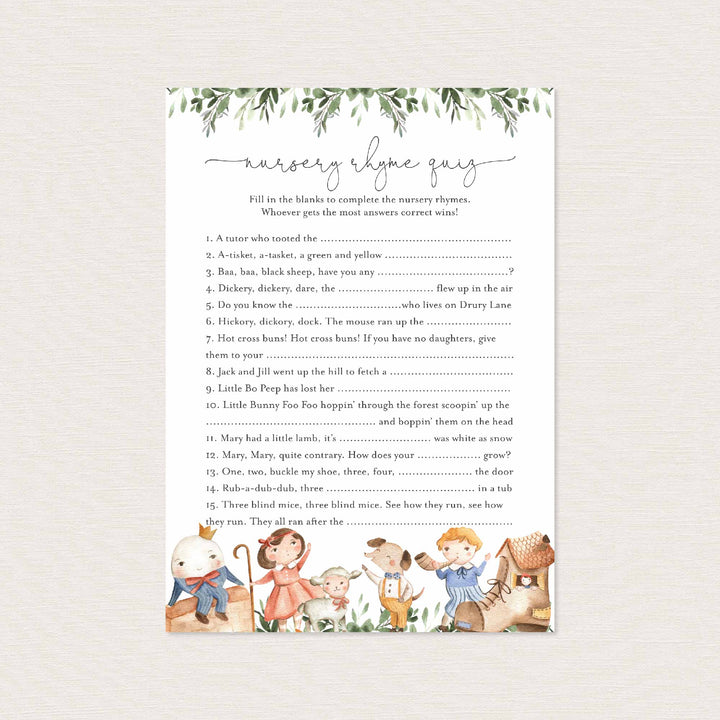 Nursery Rhymes Baby Shower Nursery Rhyme Quiz Game Printable