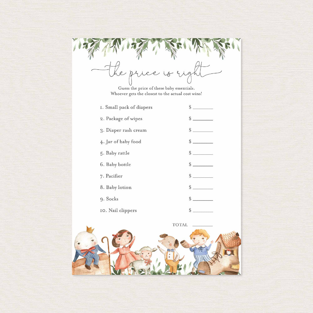 Nursery Rhymes Baby Shower The Price Is Right Game Printable