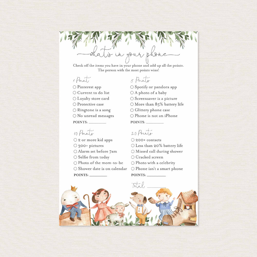 Nursery Rhymes Baby Shower What's In Your Phone Game Printable