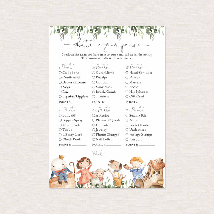 Nursery Rhymes Baby Shower What's In Your Purse Game Printable