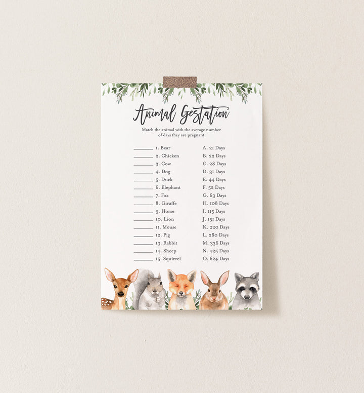 Forest Animals Baby Shower Animal Gestation Game Printable