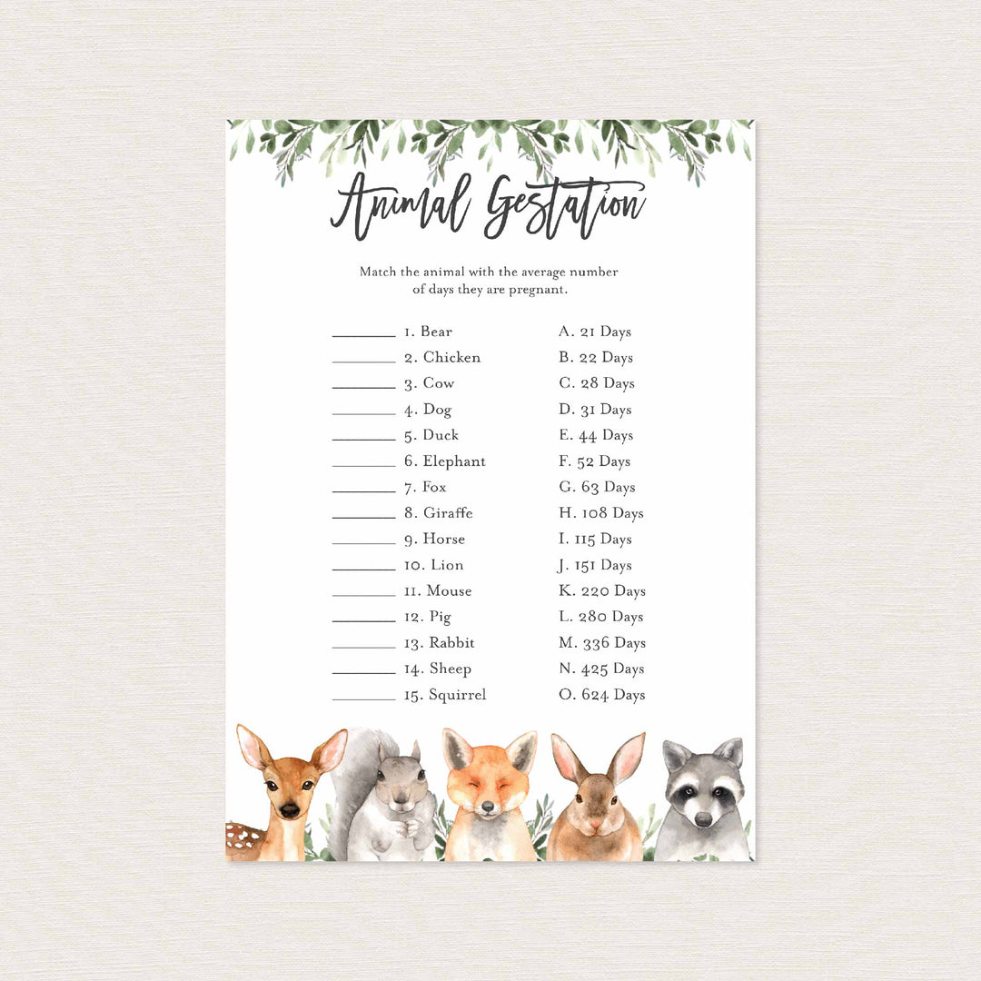 Forest Animals Baby Shower Animal Gestation Game Printable