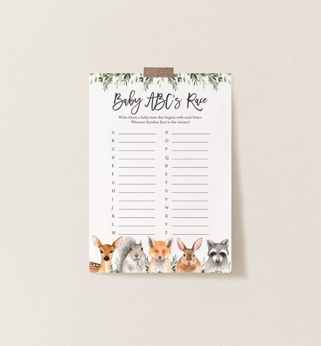 Forest Animals Baby Shower ABC's Race Game Printable