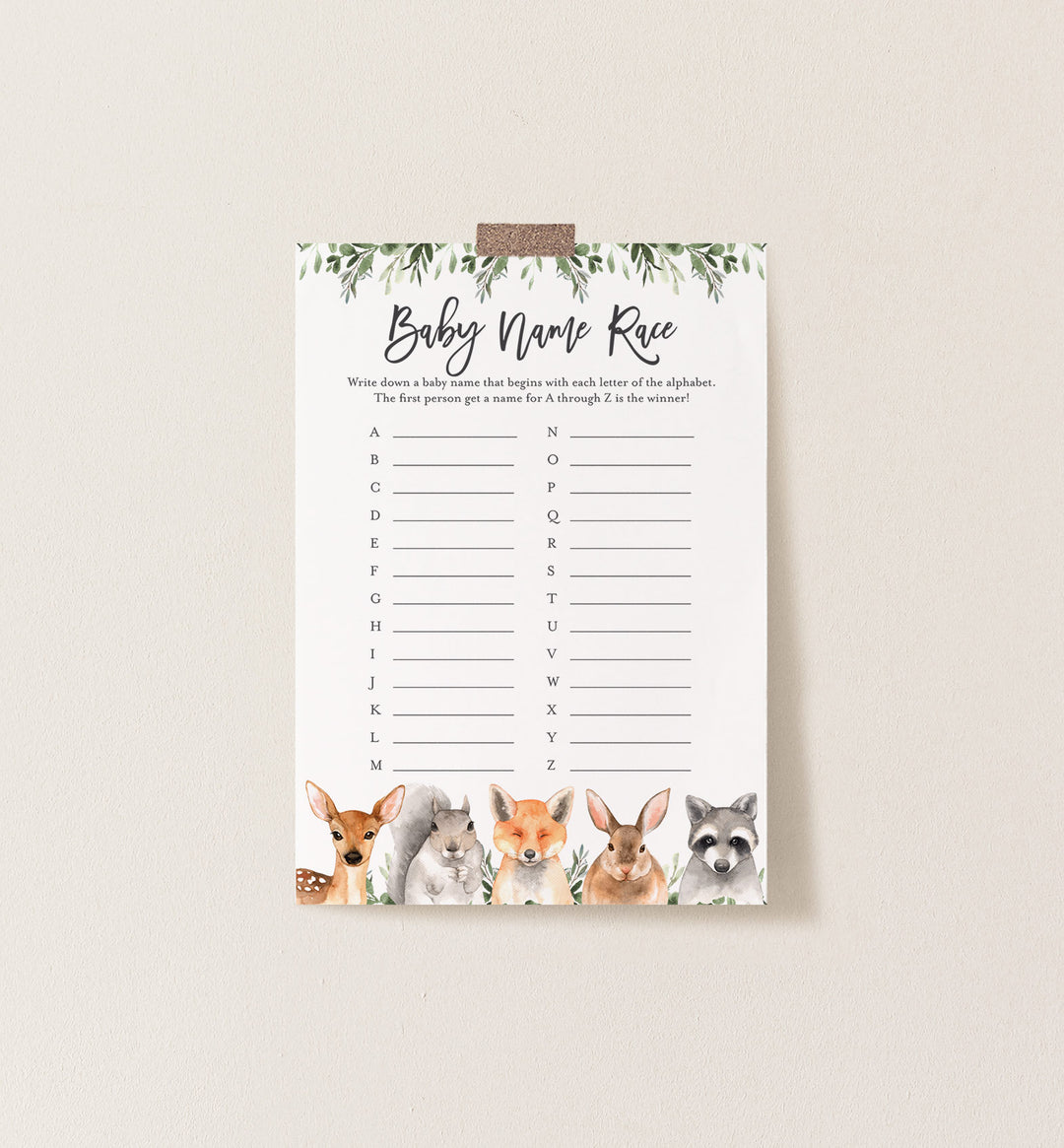 Forest Animals Baby Shower Name Race Game Printable