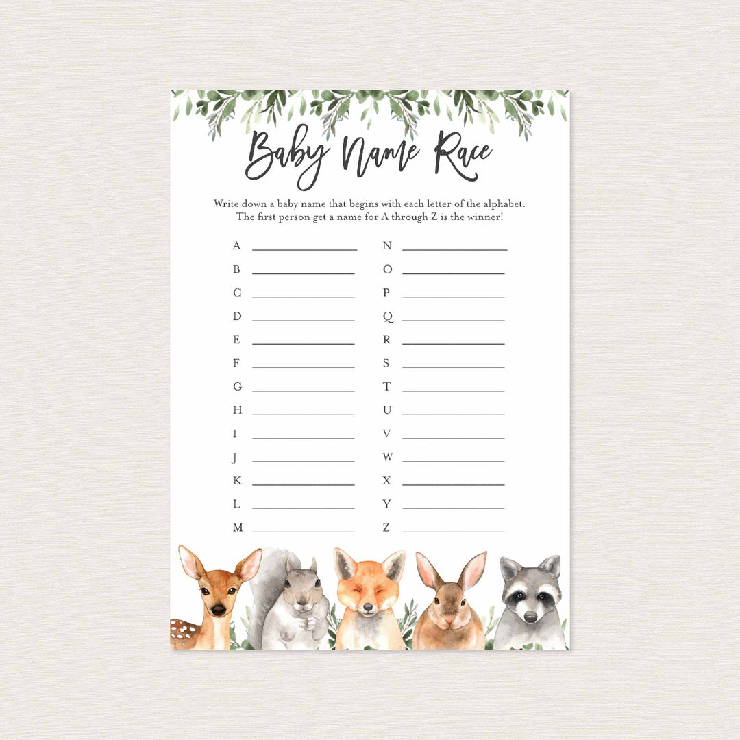 Forest Animals Baby Shower Name Race Game Printable