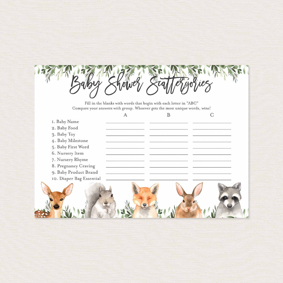 Forest Animals Baby Shower Scattergories Game Printable