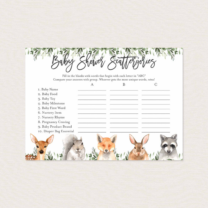 Forest Animals Baby Shower Scattergories Game Printable