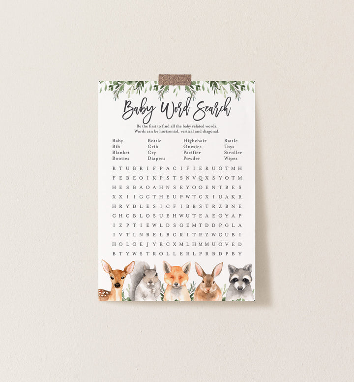 Forest Animals Baby Shower Word Search Game Printable