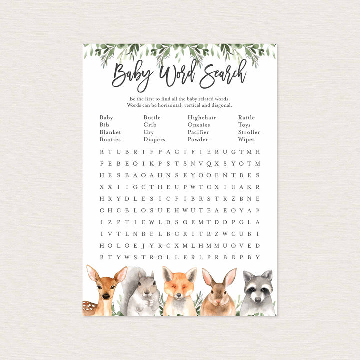 Forest Animals Baby Shower Word Search Game Printable