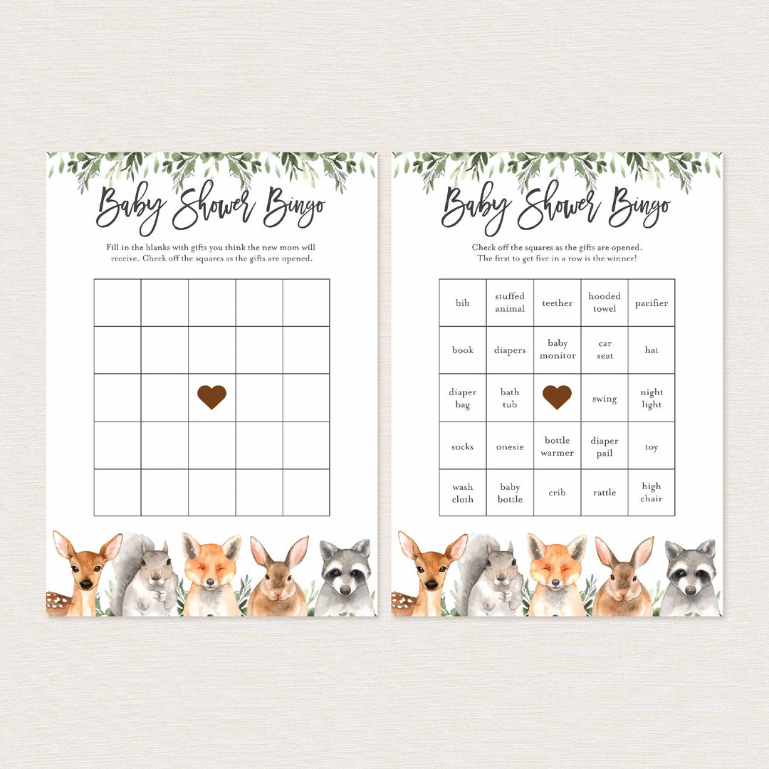 Forest Animals Baby Shower Bingo Game Printable