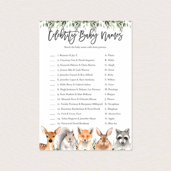 Forest Animals Baby Shower Celebrity Baby Names Game Printable