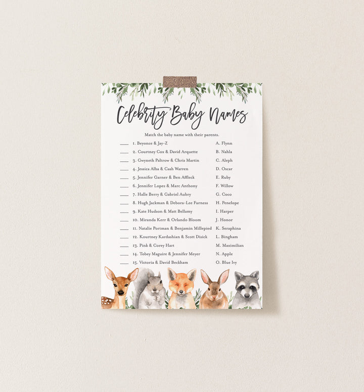 Forest Animals Baby Shower Celebrity Baby Names Game Printable