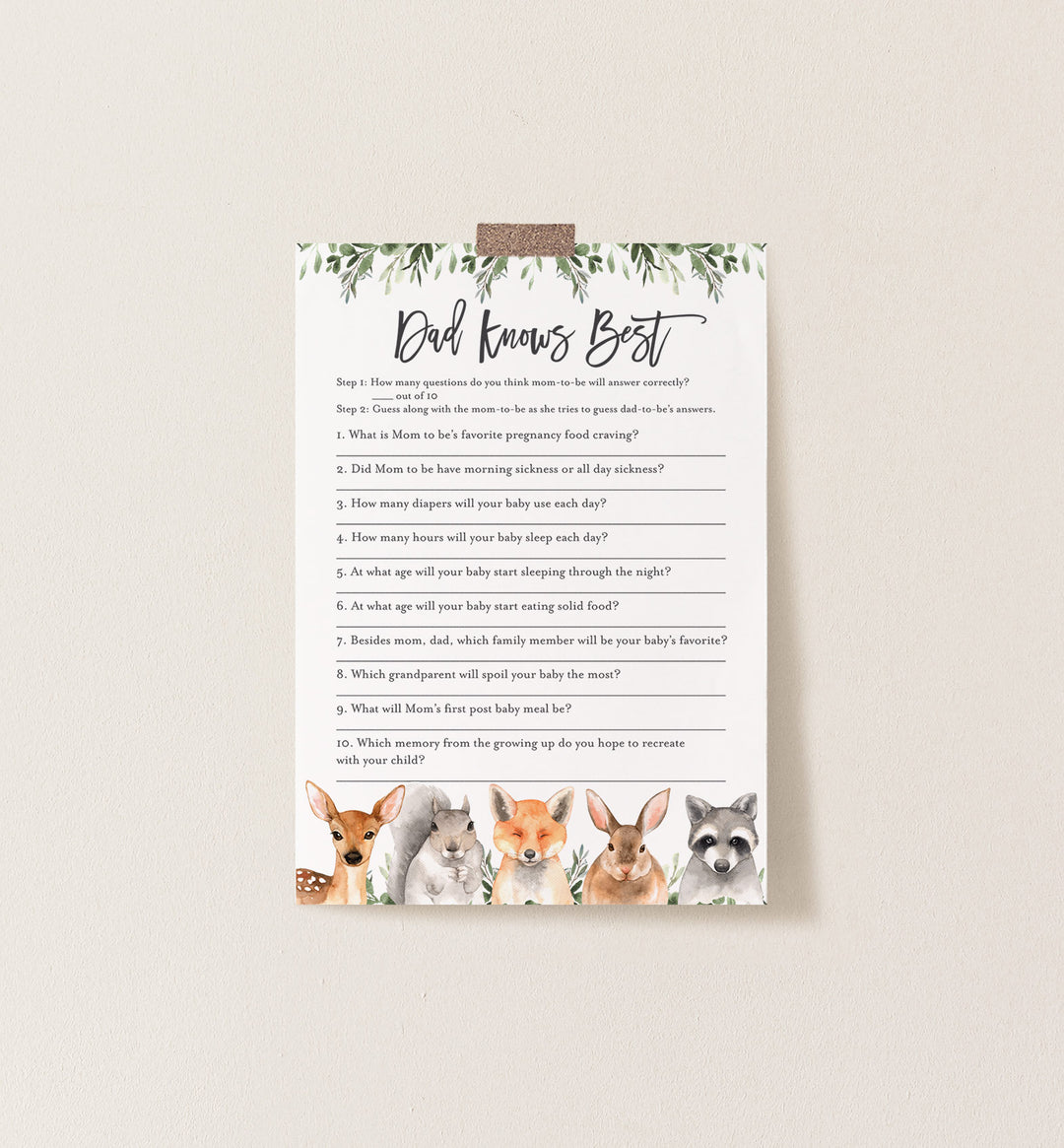 Forest Animals Baby Shower Dad Knows Best Game Printable