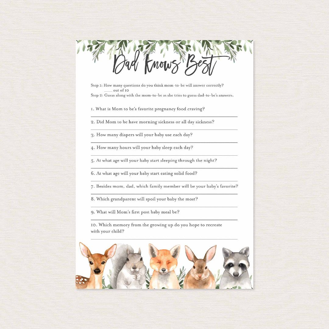 Forest Animals Baby Shower Dad Knows Best Game Printable