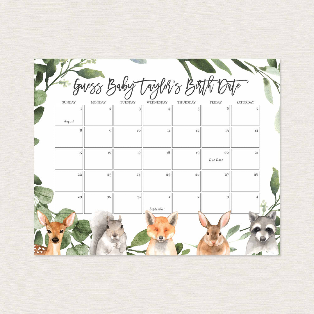 Forest Animals Baby Shower Due Date Calendar Printable