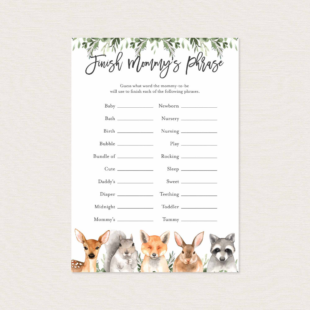 Forest Animals Baby Shower Finish Mummy's Phrase Game Printable